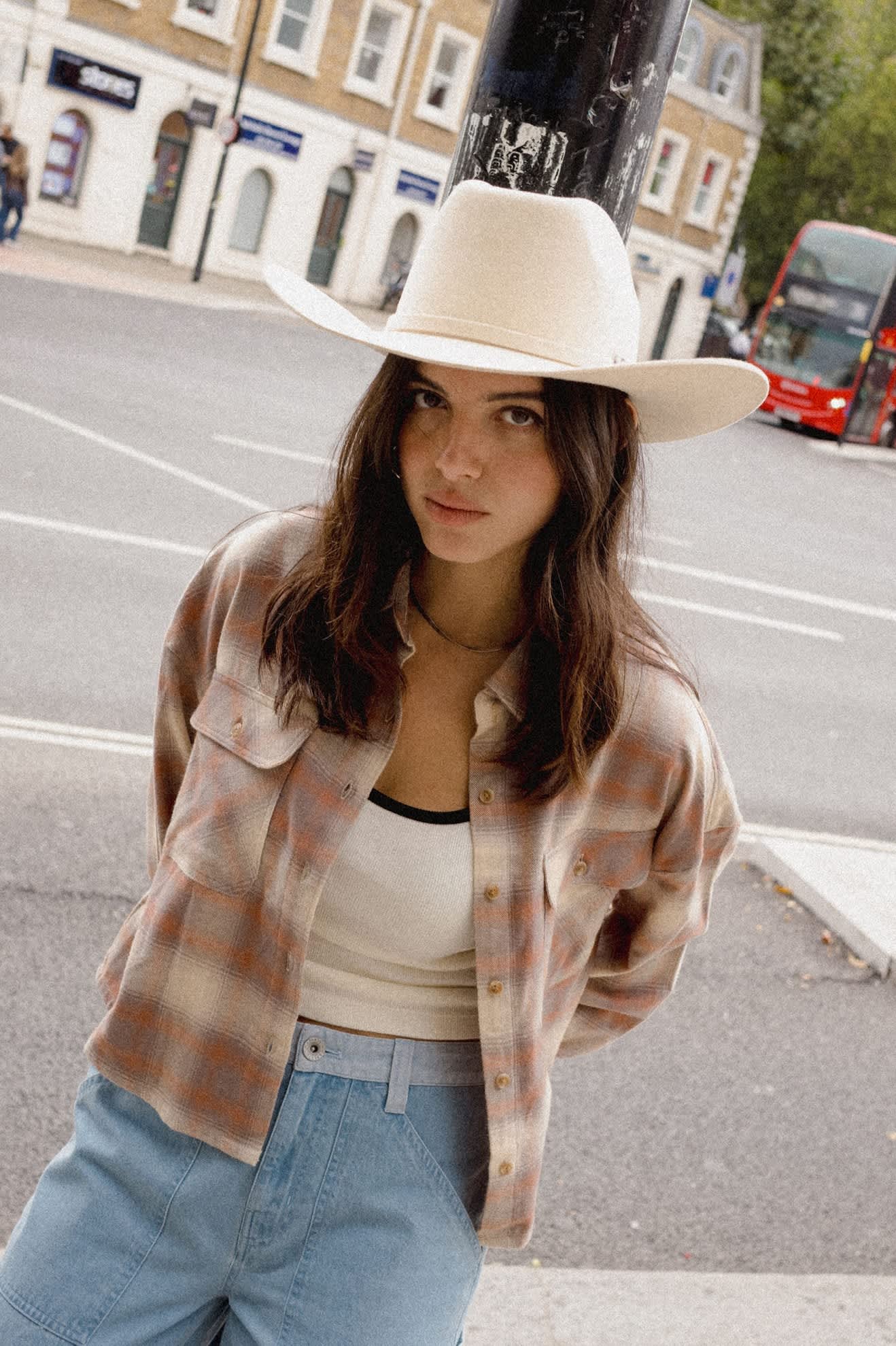 Bowery Crop Women's Overshirt - Soft Tan Window Plaid