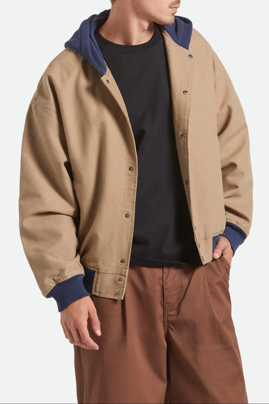 Canvas Hooded Bomber Jacket - Khaki/Mood Indigo