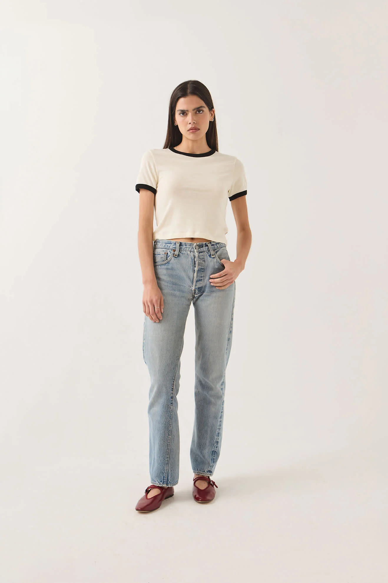 Carefree Organic Garment Dye Ringer T-Shirt - Off White/Black